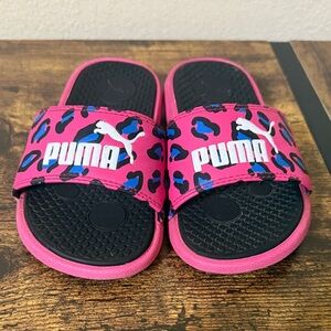 Puma Kids Pink Leopard Slide Sandals with Blue & Black Accents